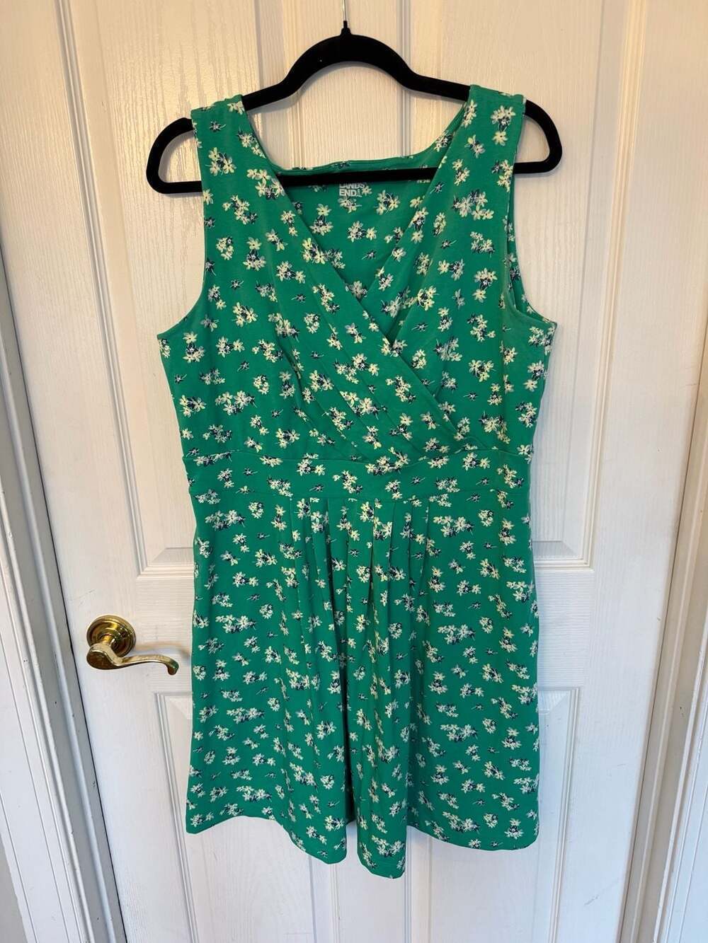 Lands' End Green Floral Sleeveless Fit and Flare Cotton Blend Dress L